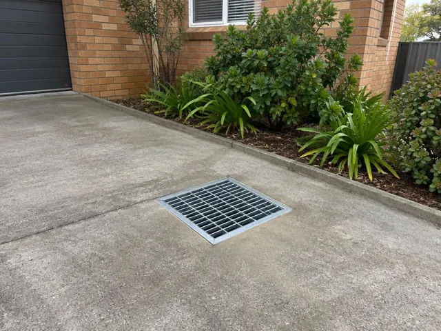 Concrete driveway with a metal stormwater grate beside brick house landscaping in Collaroy